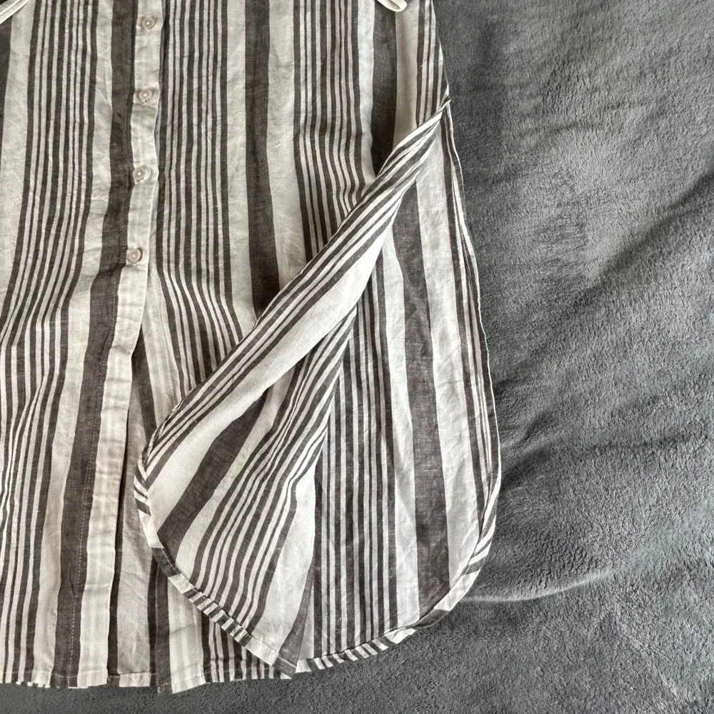 Chicos Striped Linen Cotton Swim Cover Up Shirt Dress Grey White Size 1P Medium‎